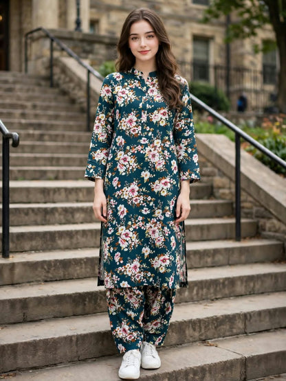Poly Cotton 2 Piece All Over Digital Printed Suit - KT1037