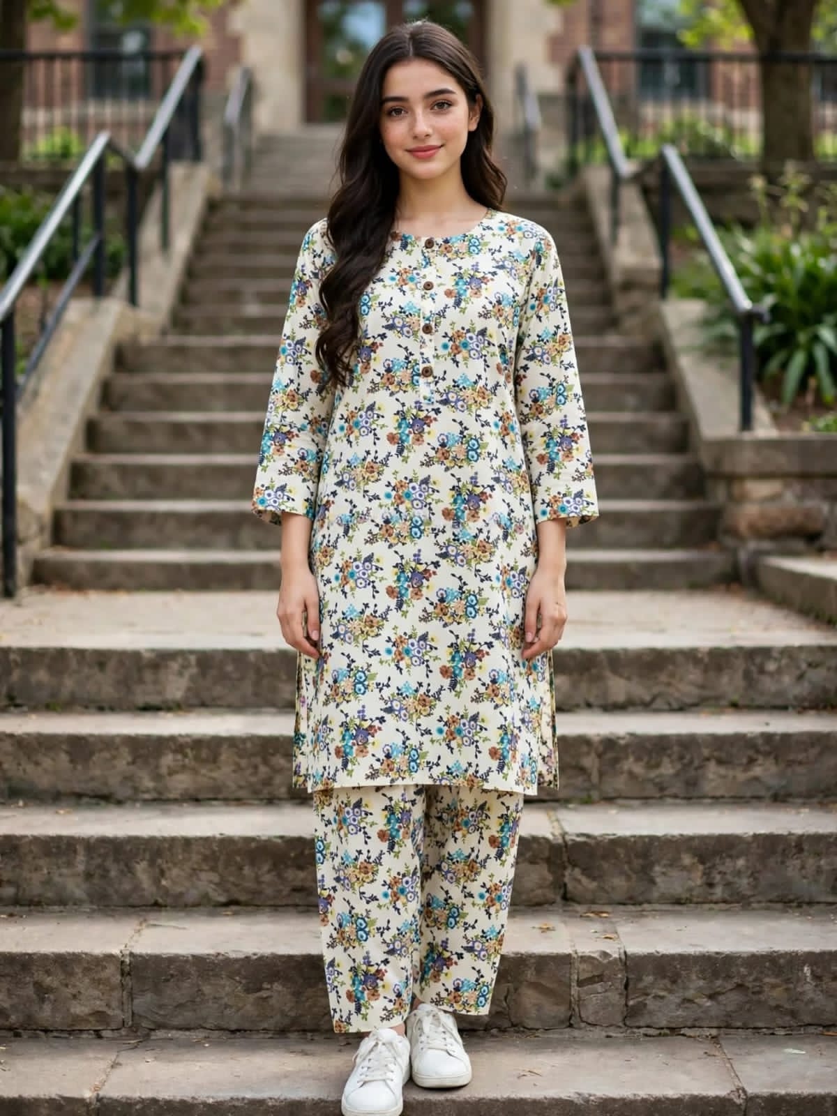 Poly Cotton 2 Piece All Over Digital Printed Suit - KT1043