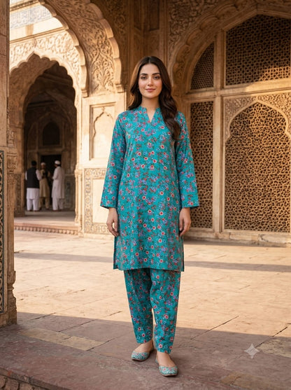 Poly Cotton 2 Piece All Over Digital Printed Suit - KT1066