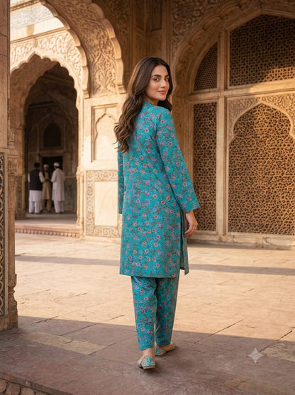 Poly Cotton 2 Piece All Over Digital Printed Suit - KT1066