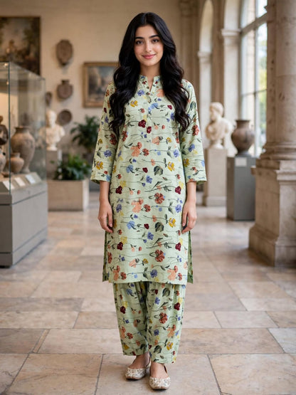 Poly Cotton 2 Piece All Over Digital Printed Suit - KT1071