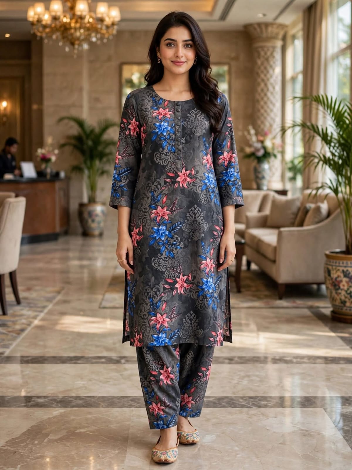 Poly Cotton 2 Piece All Over Digital Printed Suit - KT1089